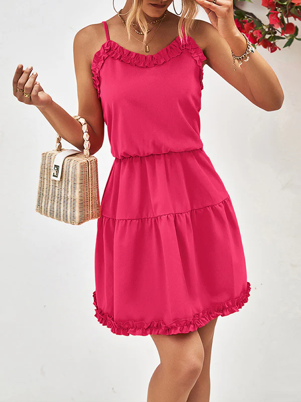 Loose Sleeveless Falbala Solid Color Spaghetti-Neck Mini Dresses - Image 3