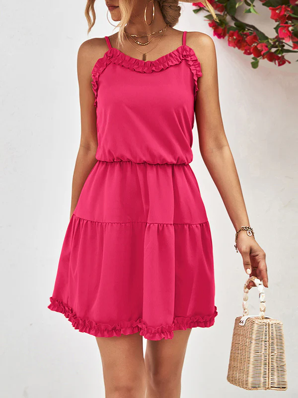 Loose Sleeveless Falbala Solid Color Spaghetti-Neck Mini Dresses - Image 4