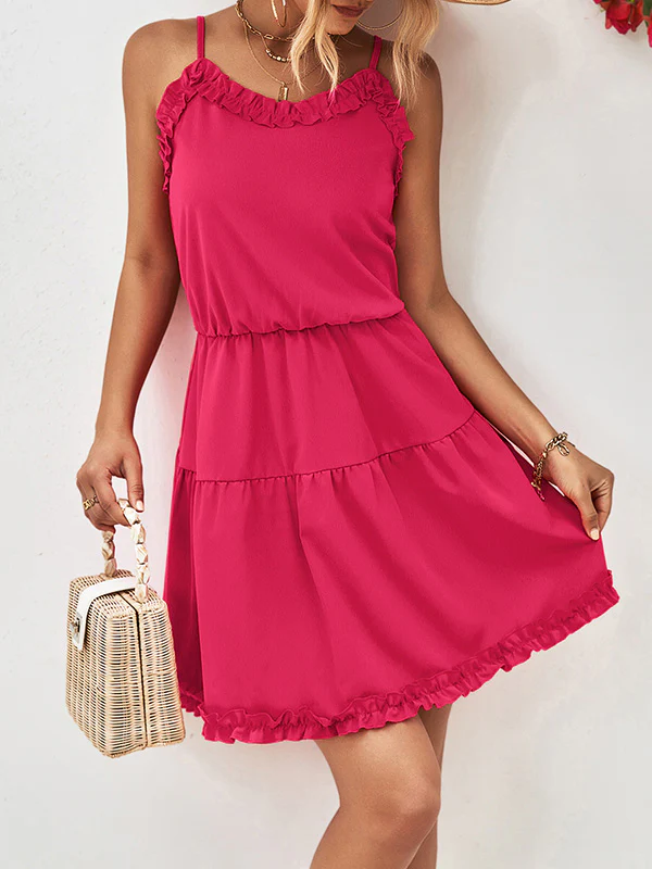 Loose Sleeveless Falbala Solid Color Spaghetti-Neck Mini Dresses - Image 5