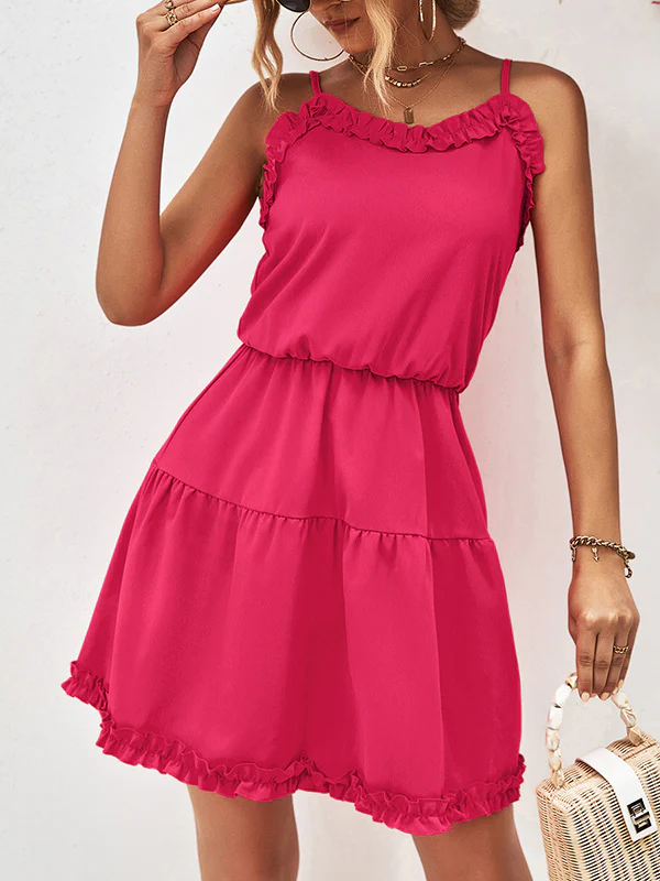 Loose Sleeveless Falbala Solid Color Spaghetti-Neck Mini Dresses - Image 6