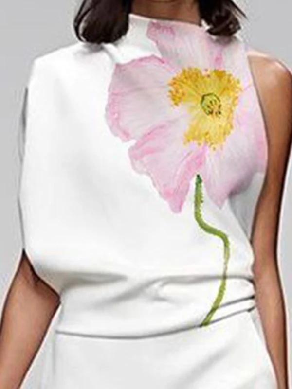 Loose Sleeveless Floral Printed High Neck Vest Top - Image 3