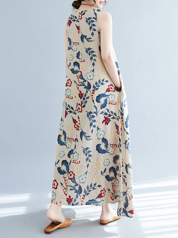 Loose Sleeveless Floral Printed Round-Neck Maxi Dresses - Image 10