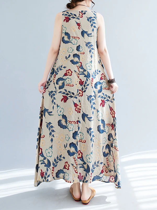 Loose Sleeveless Floral Printed Round-Neck Maxi Dresses - Image 11