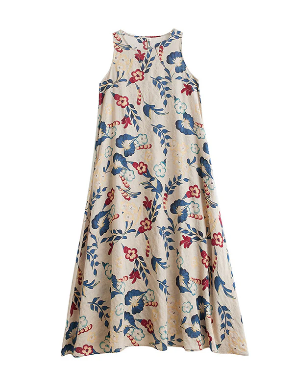 Loose Sleeveless Floral Printed Round-Neck Maxi Dresses - Image 12
