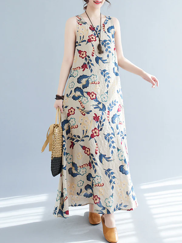 Loose Sleeveless Floral Printed Round-Neck Maxi Dresses - Image 2