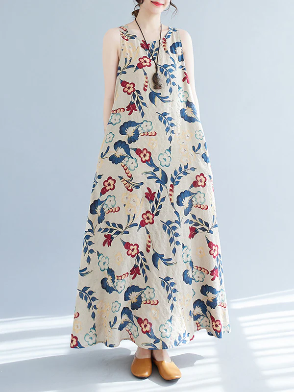 Loose Sleeveless Floral Printed Round-Neck Maxi Dresses - Image 3