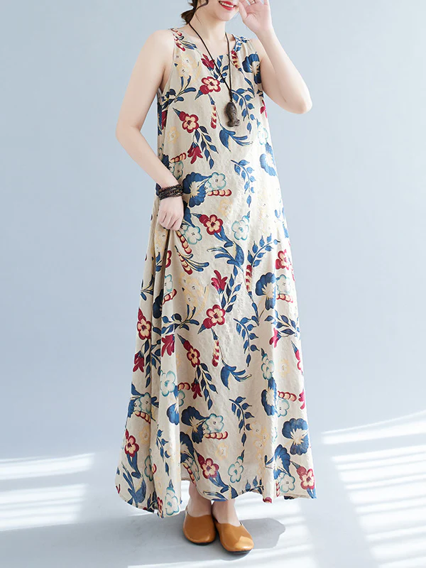 Loose Sleeveless Floral Printed Round-Neck Maxi Dresses - Image 4