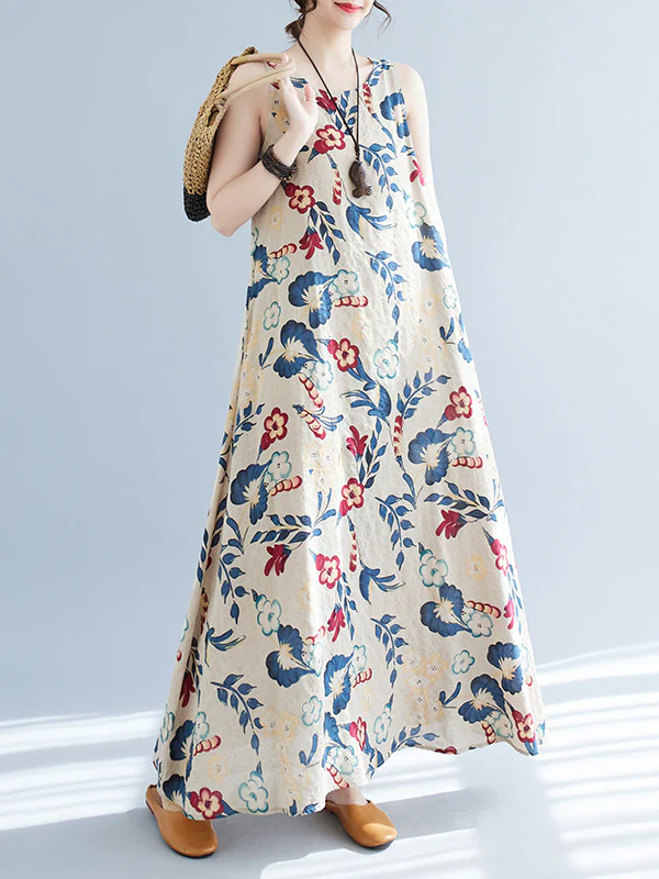 Loose Sleeveless Floral Printed Round-Neck Maxi Dresses - Image 5