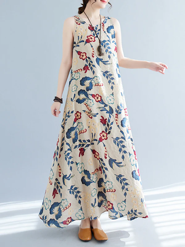 Loose Sleeveless Floral Printed Round-Neck Maxi Dresses - Image 6