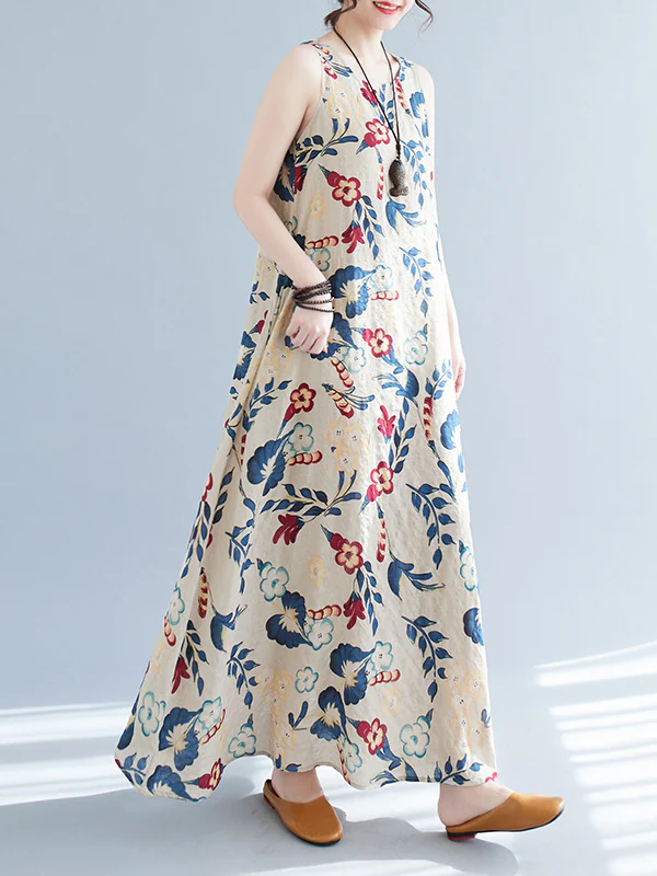 Loose Sleeveless Floral Printed Round-Neck Maxi Dresses - Image 7
