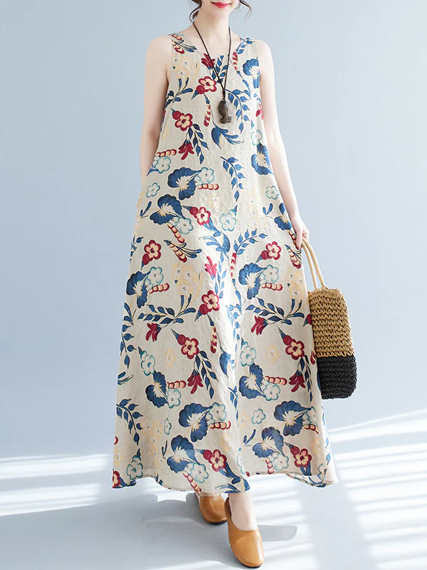 Loose Sleeveless Floral Printed Round-Neck Maxi Dresses - Image 8