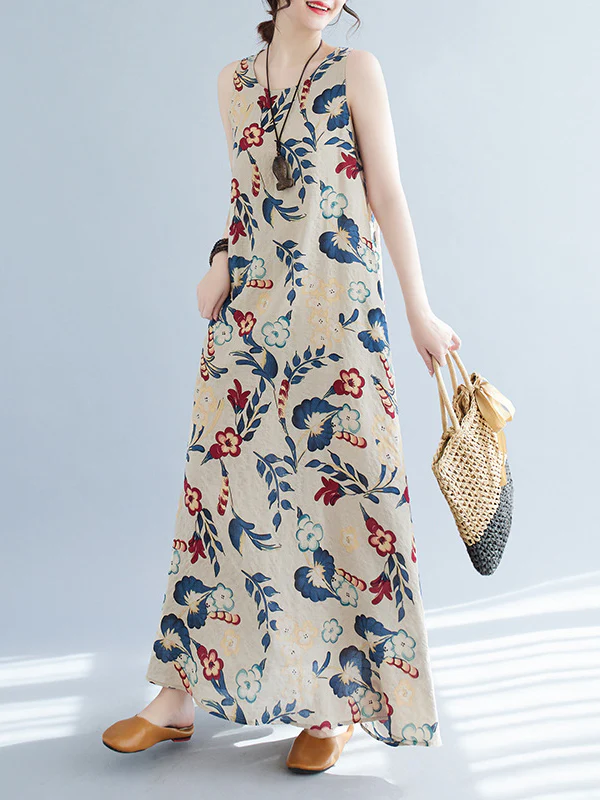 Loose Sleeveless Floral Printed Round-Neck Maxi Dresses - Image 9