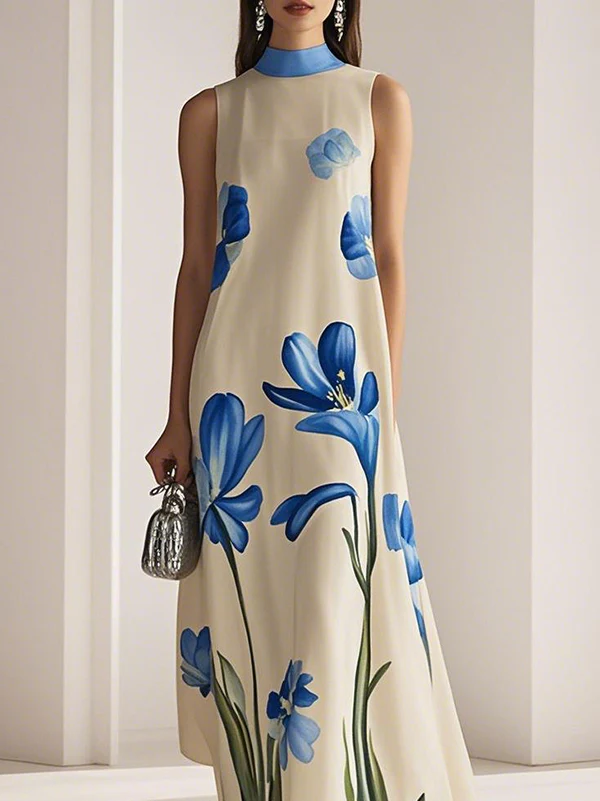 Loose Sleeveless Flower Print Mock Neck Maxi Dresses - Image 2