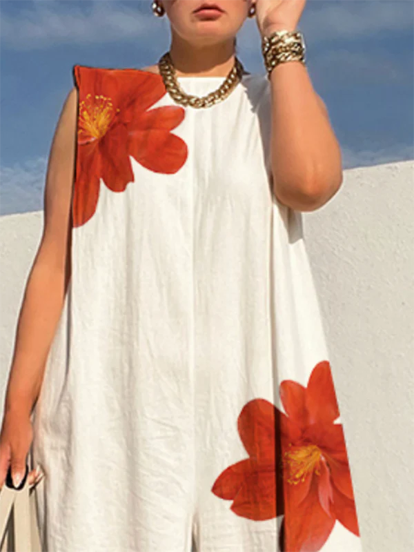 Loose Sleeveless Flower Print Round-Neck Jumpsuits - Image 2