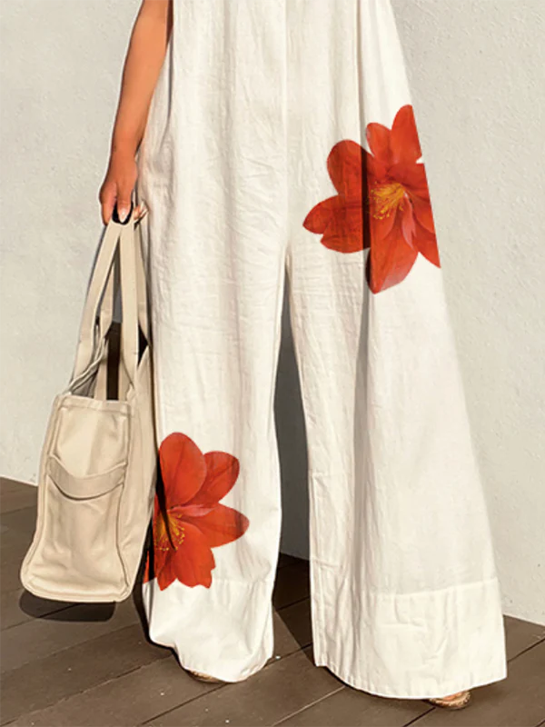 Loose Sleeveless Flower Print Round-Neck Jumpsuits - Image 3