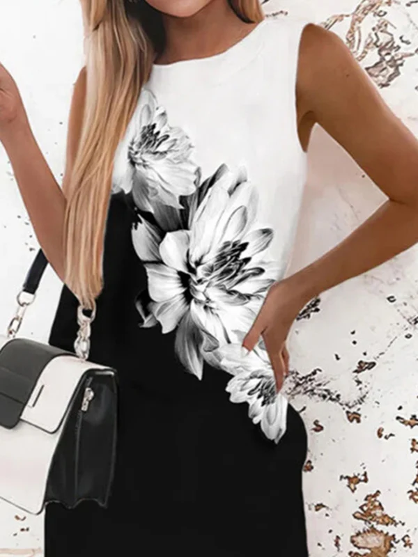 Loose Sleeveless Flower Print Round-Neck Mini Dresses - Image 2