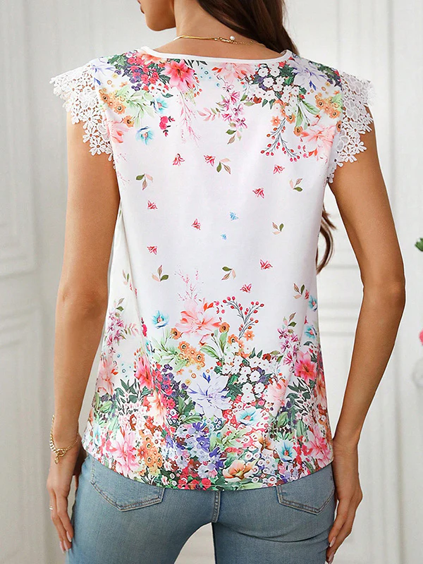Loose Sleeveless Flower Print V-Neck Blouses&Shirts Tops - Image 5
