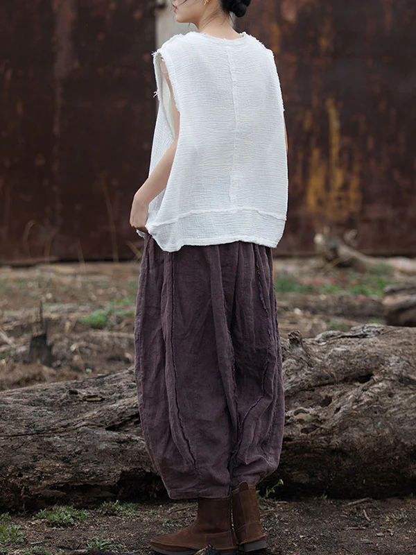 Loose Sleeveless Fringed Pleated Solid Color Split-Joint V-Neck Vest Top - Image 10