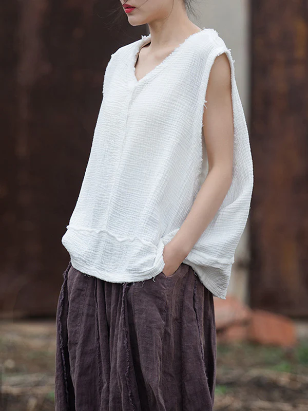 Loose Sleeveless Fringed Pleated Solid Color Split-Joint V-Neck Vest Top - Image 11
