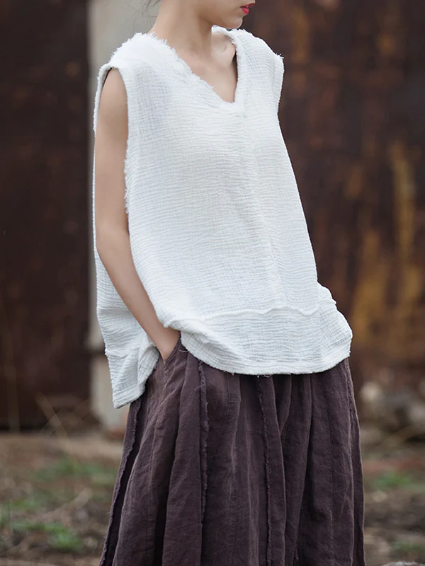 Loose Sleeveless Fringed Pleated Solid Color Split-Joint V-Neck Vest Top - Image 12