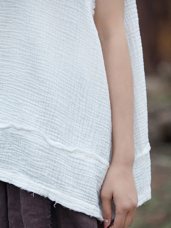 Loose Sleeveless Fringed Pleated Solid Color Split-Joint V-Neck Vest Top - Image 14