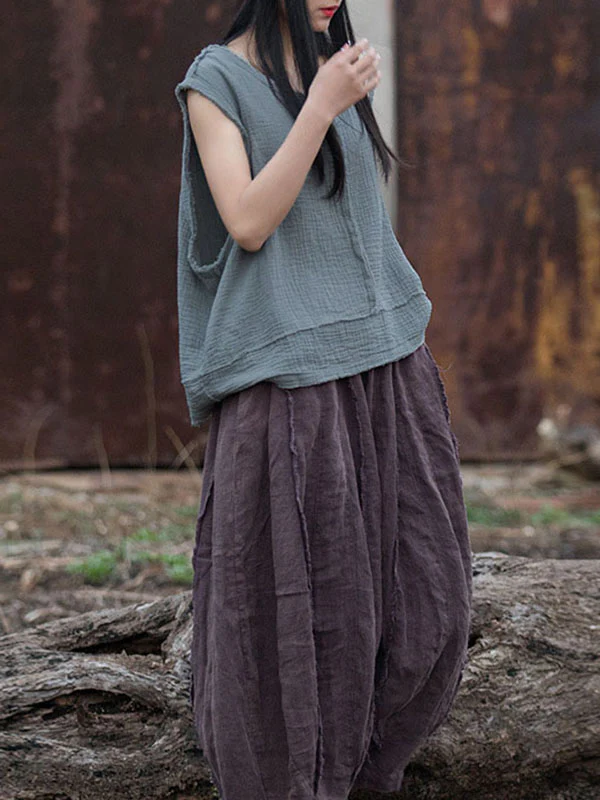 Loose Sleeveless Fringed Pleated Solid Color Split-Joint V-Neck Vest Top - Image 2