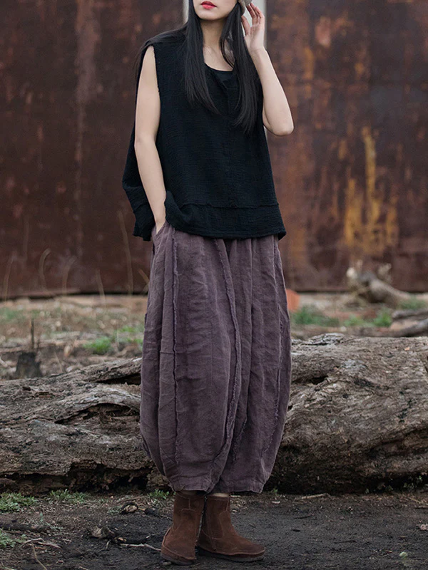 Loose Sleeveless Fringed Pleated Solid Color Split-Joint V-Neck Vest Top - Image 4