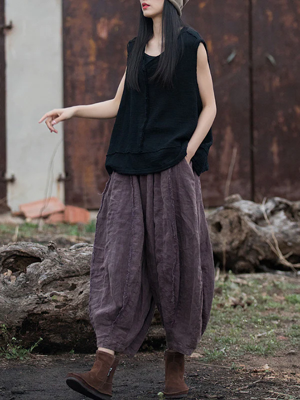 Loose Sleeveless Fringed Pleated Solid Color Split-Joint V-Neck Vest Top - Image 5