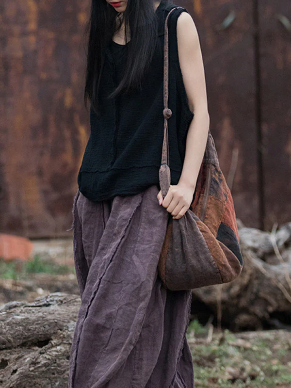 Loose Sleeveless Fringed Pleated Solid Color Split-Joint V-Neck Vest Top - Image 6