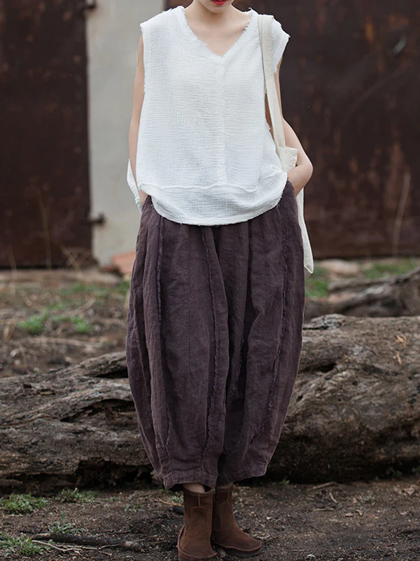 Loose Sleeveless Fringed Pleated Solid Color Split-Joint V-Neck Vest Top - Image 8