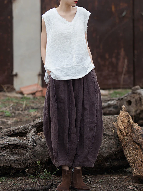 Loose Sleeveless Fringed Pleated Solid Color Split-Joint V-Neck Vest Top - Image 9