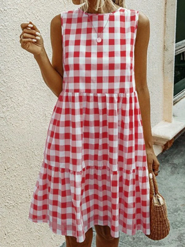 Loose Sleeveless Hollow Plaid Pleated Split-Joint Round-Neck Mini Dresses - Image 2