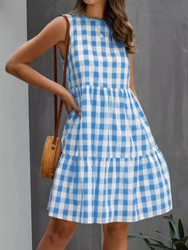 Loose Sleeveless Hollow Plaid Pleated Split-Joint Round-Neck Mini Dresses - Image 3