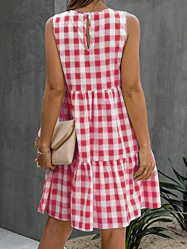 Loose Sleeveless Hollow Plaid Pleated Split-Joint Round-Neck Mini Dresses - Image 4