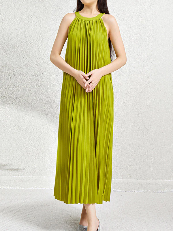 Loose Sleeveless Hollow Pleated Pockets Solid Color Halter-Neck Maxi Dresses - Image 10