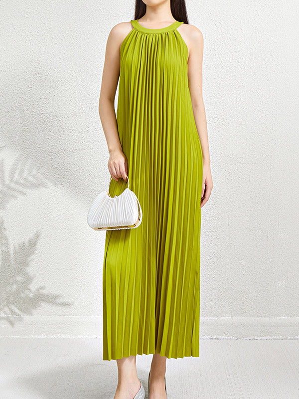 Loose Sleeveless Hollow Pleated Pockets Solid Color Halter-Neck Maxi Dresses - Image 11