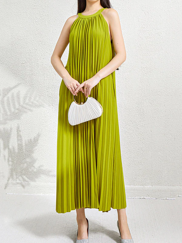 Loose Sleeveless Hollow Pleated Pockets Solid Color Halter-Neck Maxi Dresses - Image 12