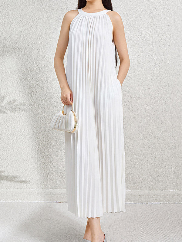 Loose Sleeveless Hollow Pleated Pockets Solid Color Halter-Neck Maxi Dresses - Image 2