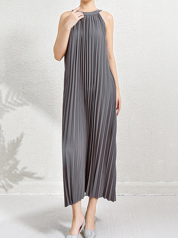 Loose Sleeveless Hollow Pleated Pockets Solid Color Halter-Neck Maxi Dresses - Image 3