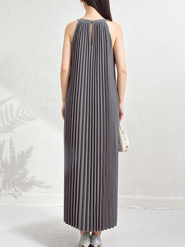 Loose Sleeveless Hollow Pleated Pockets Solid Color Halter-Neck Maxi Dresses - Image 6