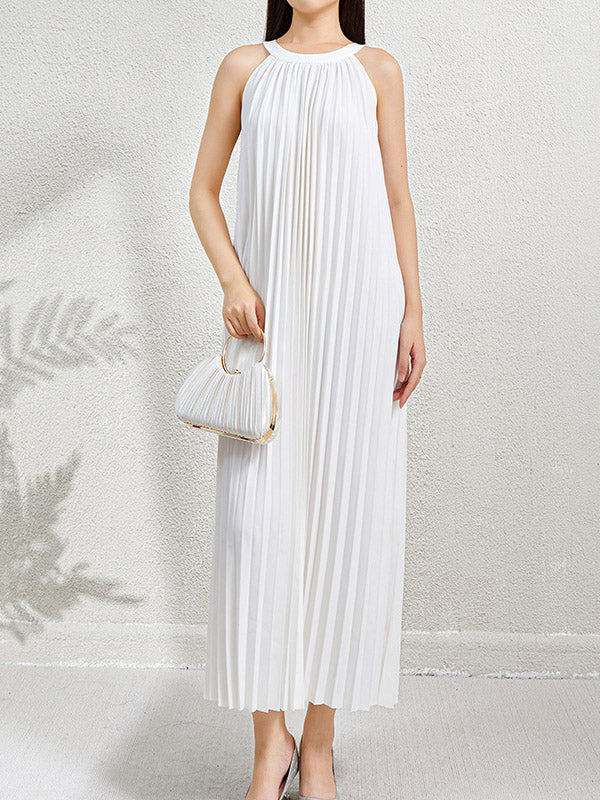 Loose Sleeveless Hollow Pleated Pockets Solid Color Halter-Neck Maxi Dresses - Image 8
