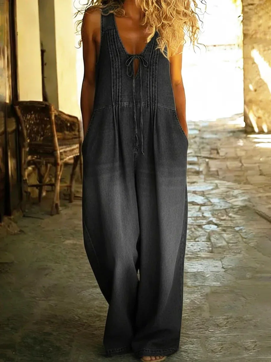 Loose Sleeveless Hollow Pleated Pockets Solid Color Split-Joint Tied Deep V-Neck Jumpsuits - Image 2