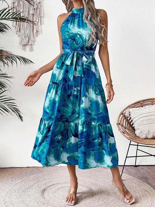 Loose Sleeveless Hollow Pleated Printed Split-Joint Tied Waist Round-Neck Midi Dresses - Image 4
