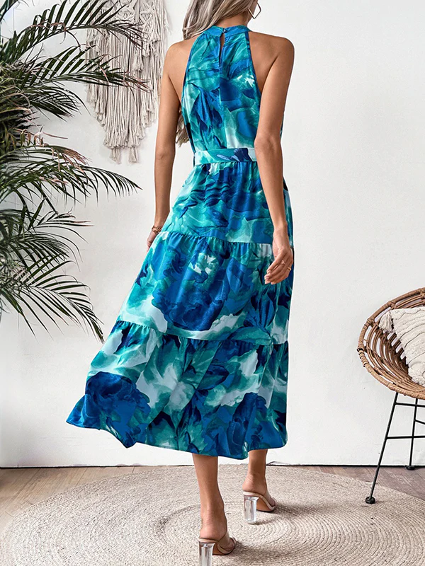 Loose Sleeveless Hollow Pleated Printed Split-Joint Tied Waist Round-Neck Midi Dresses - Image 5