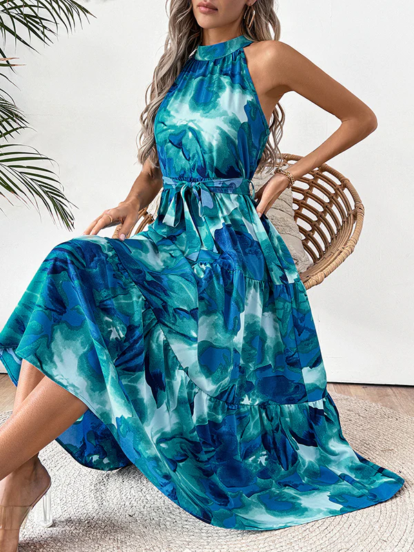 Loose Sleeveless Hollow Pleated Printed Split-Joint Tied Waist Round-Neck Midi Dresses - Image 6