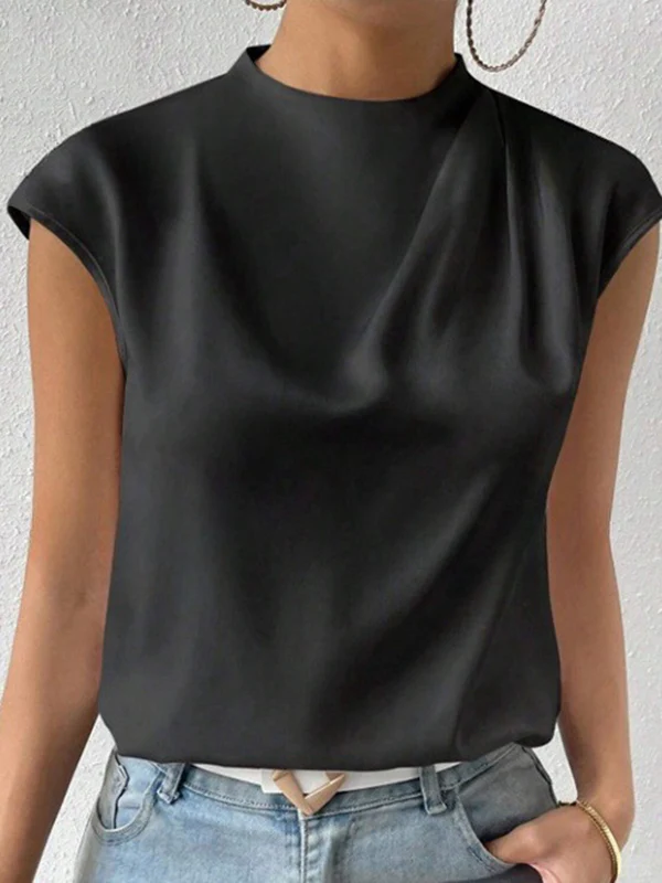 Loose Sleeveless Hollow Pleated Solid Color Mock Neck T-Shirts Tops - Image 3