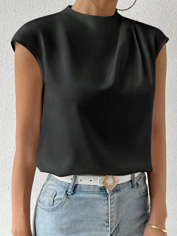 Loose Sleeveless Hollow Pleated Solid Color Mock Neck T-Shirts Tops - Image 4