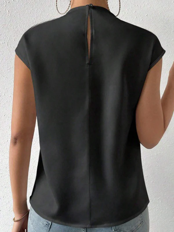 Loose Sleeveless Hollow Pleated Solid Color Mock Neck T-Shirts Tops - Image 5