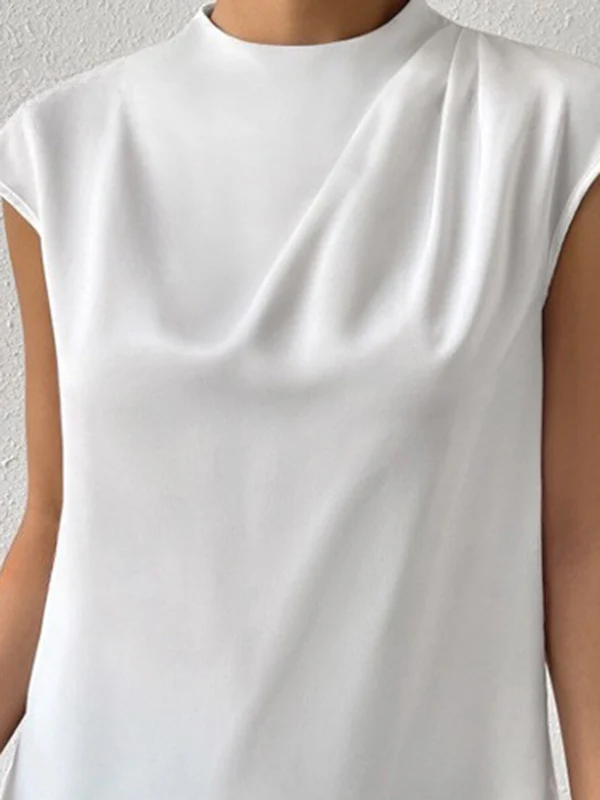 Loose Sleeveless Hollow Pleated Solid Color Mock Neck T-Shirts Tops - Image 6
