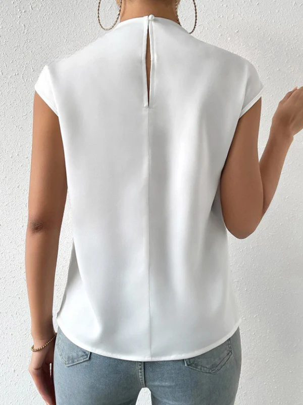 Loose Sleeveless Hollow Pleated Solid Color Mock Neck T-Shirts Tops - Image 7
